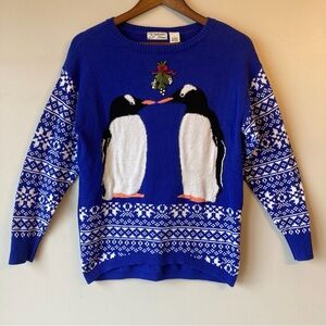 Penguin Fair Aisle Holiday Christmas Sweater Cotton Blend Blue Women’s Large